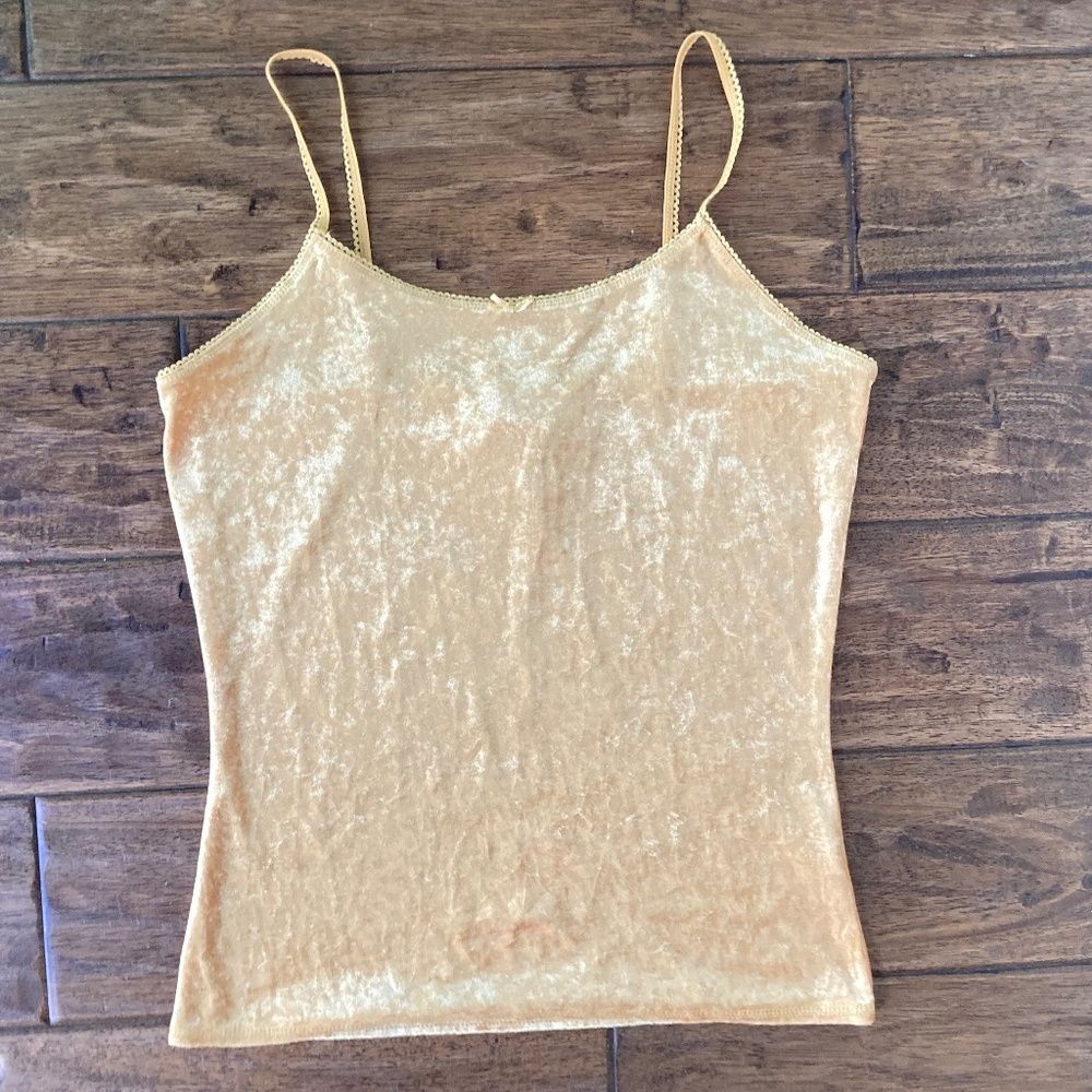 Y2K Velvet Gold Lace Trim Camisole Top Girls Large (11/13 ) With Bow